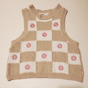 Checkered & Floral Knit Crop Tank Top